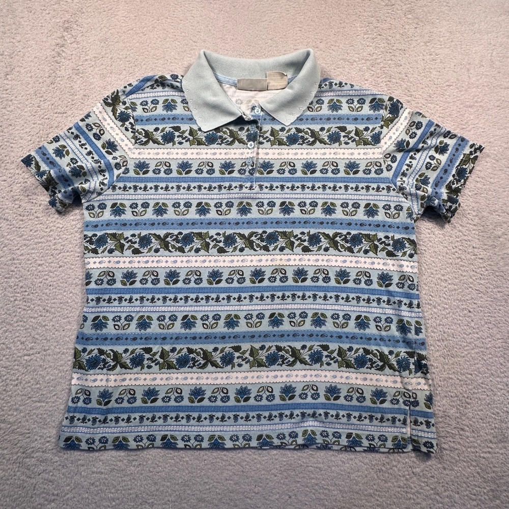Vintage Basic Editions Floral Striped Polo Shirt Womens Medium Cottagecore